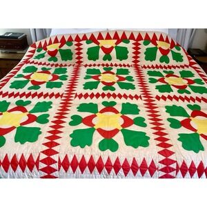 Antique Handmade Quilt Red Green Yellow Floral Clover Farmhouse Primitive Folk